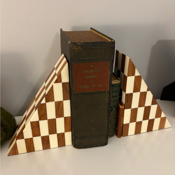 Wooden and Cream Checkered Bookends Cottagecore Wood Decor Chess - Picture 3 of 11